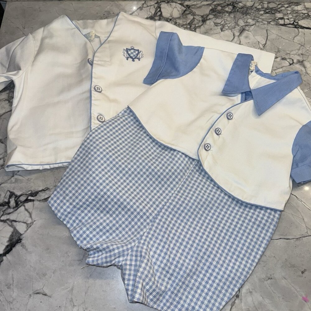 Vintage Toddler Tyke 24 Months White Blue Gingham Suit One Piece Outfit